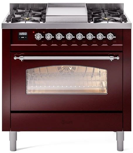36 Dual Fuel Natural Gas Range in Burgundy with Chrome Trim L344744
