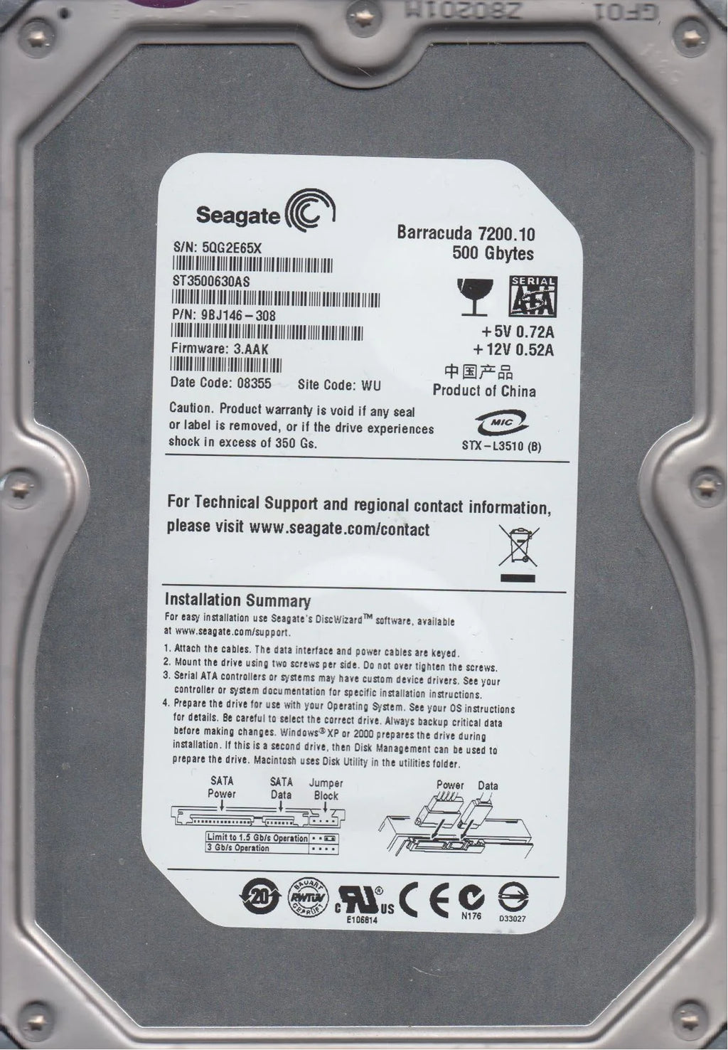 500GB SATA 3.5 Hard Drive D957459