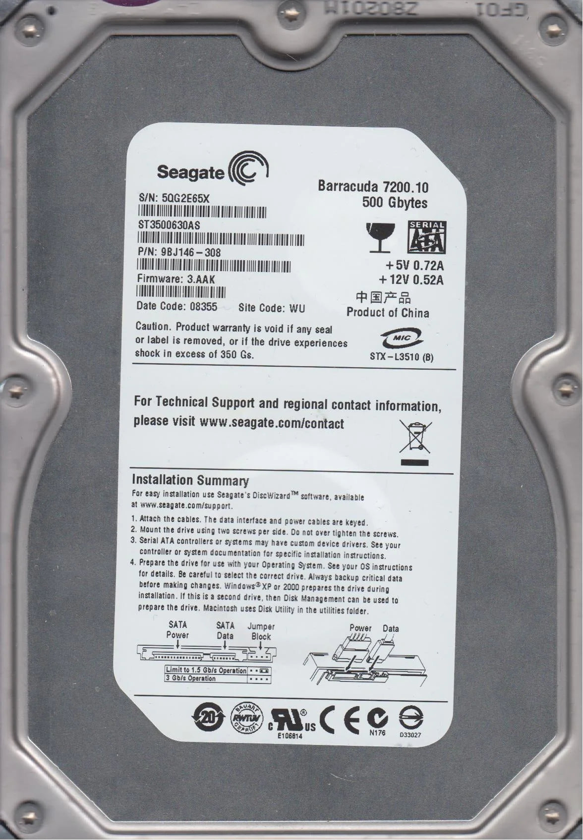 500GB SATA 3.5 Hard Drive D957459
