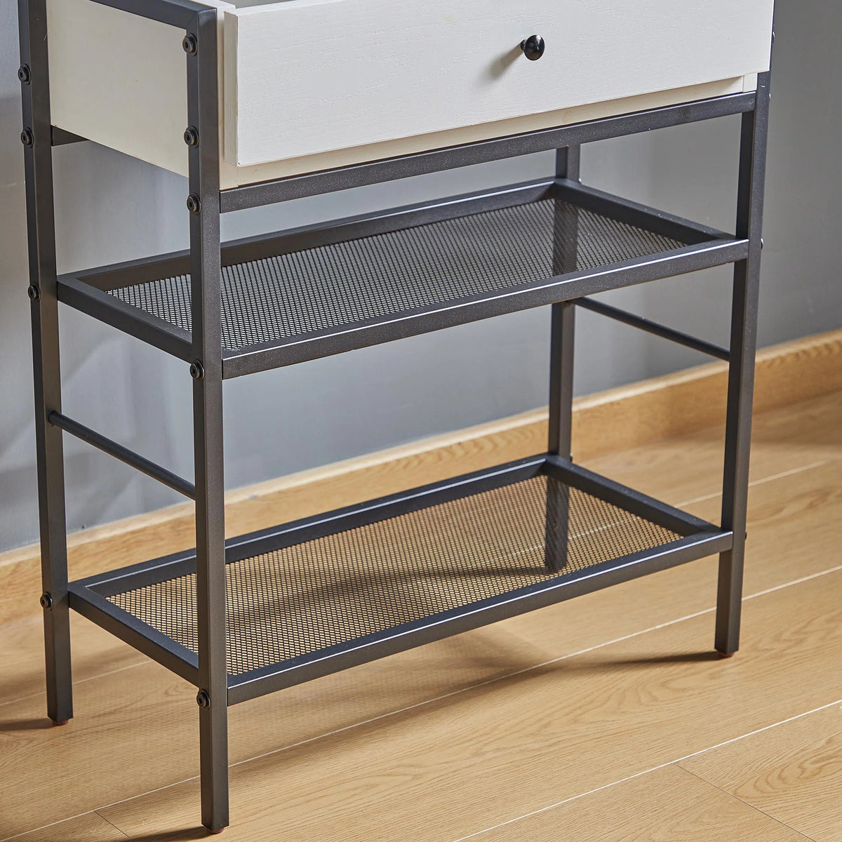 White Flip Top Side Table with Charging Station and Storage Shelves V9893