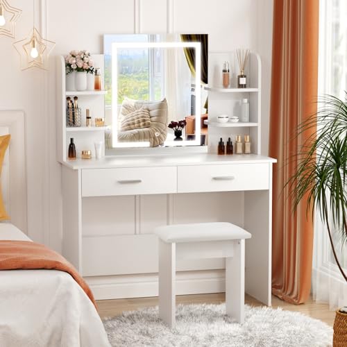 White Vanity Desk with Lighted Mirror and 6 Storage Shelves Q16386