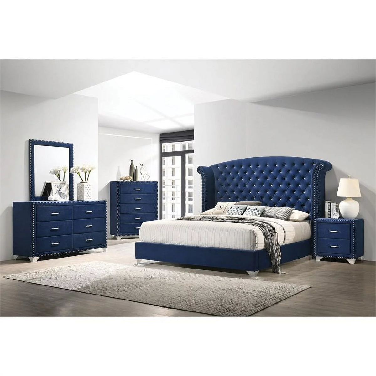 4-Piece Velvet Queen Bedroom Set in Blue A309976