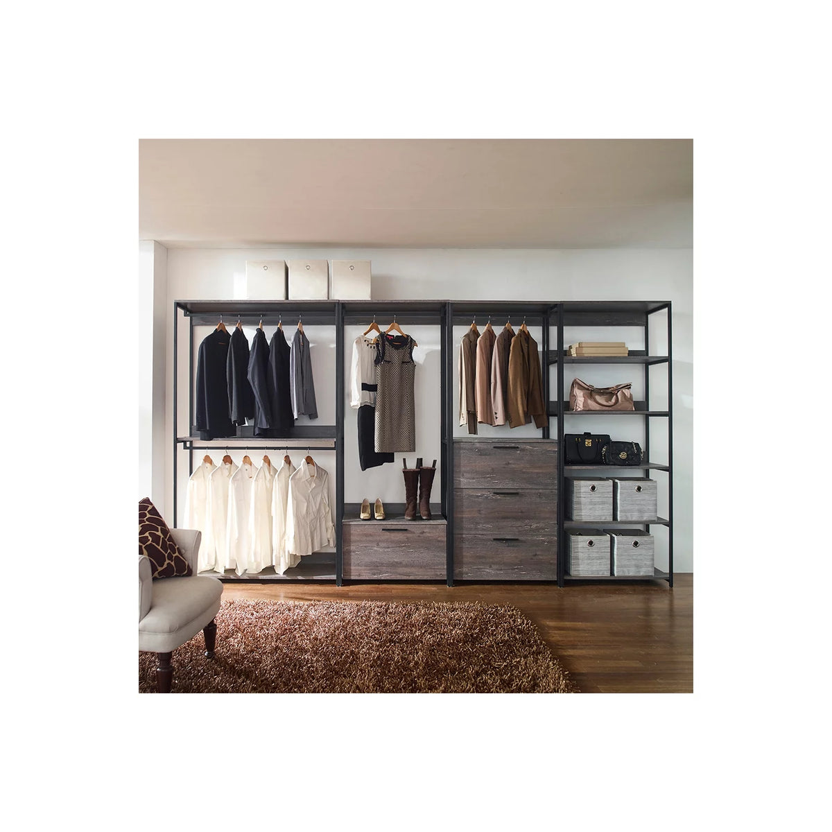 Wood and Metal Walk-in Closet with 1-Drawer in Rustic Gray D57445