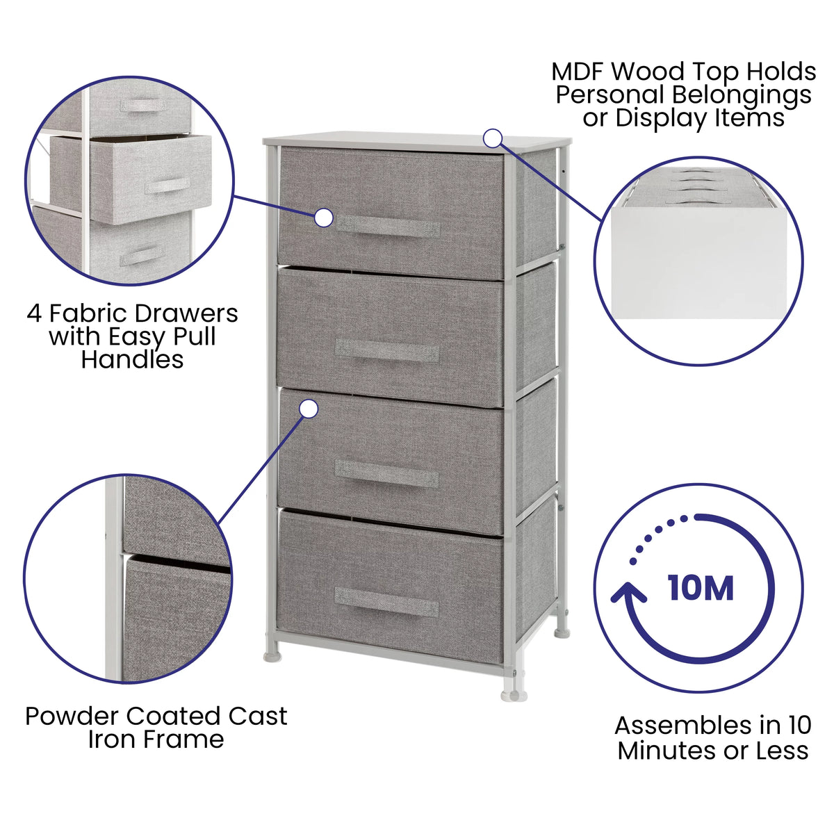 White Metal Frame 4 Gray Fabric Drawers Dresser S393638